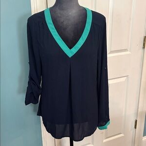 41 Hawthorn Navy Blouse with Teal Trim